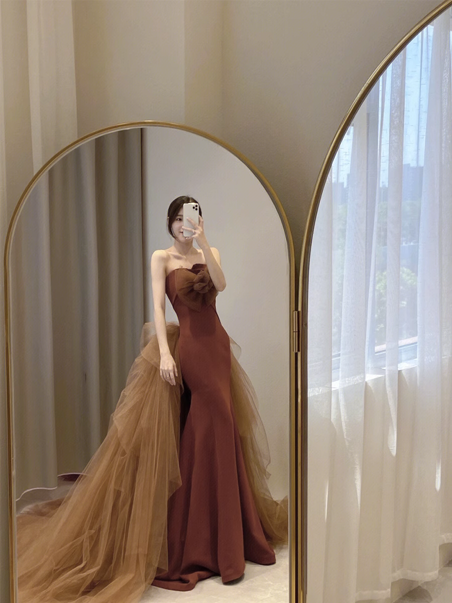 Simple Mermaid Strapless Brown Floor Length Prom Dress