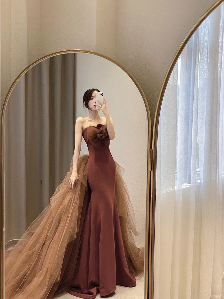 Simple Mermaid Strapless Brown Floor Length Prom Dress