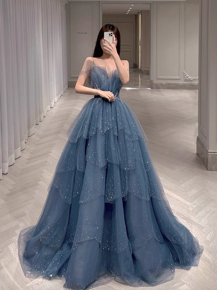 Luxury A line Spaghetti Straps Grey Blue Floor Length Prom Dresses