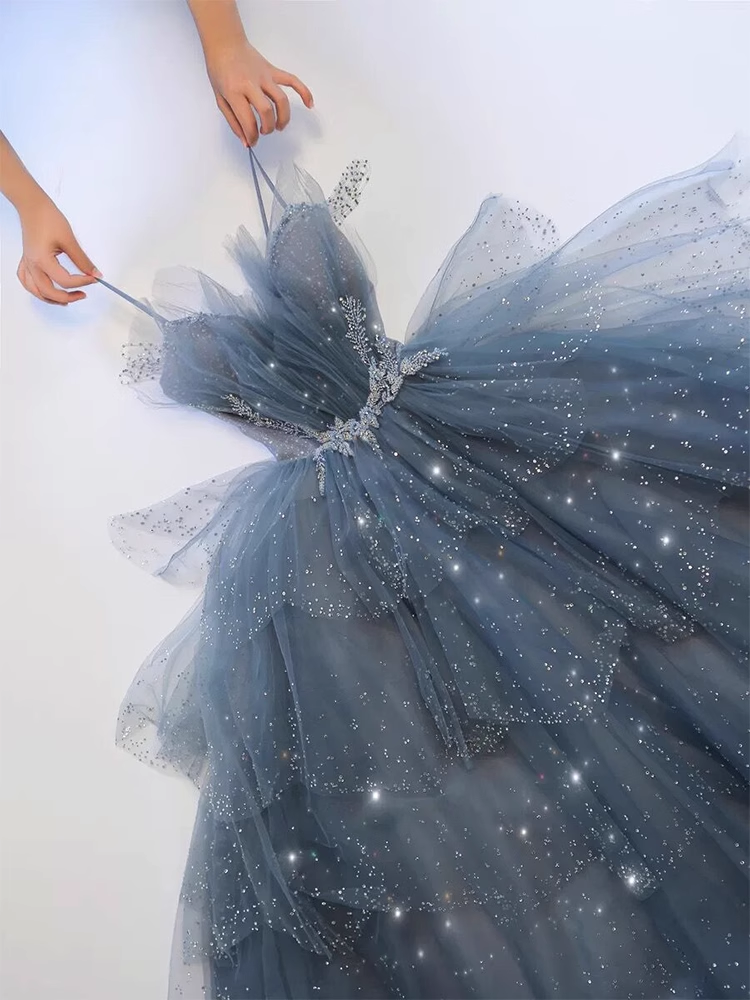 Luxury A line Spaghetti Straps Grey Blue Floor Length Prom Dresses