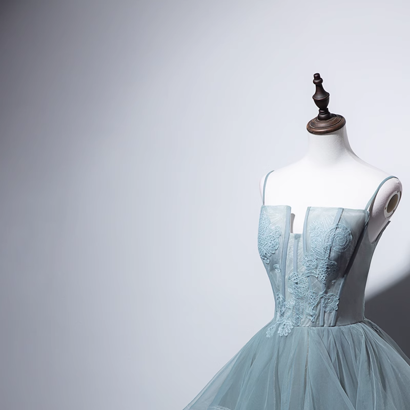Simple A line Spaghetti Straps Grey Blue Floor Length Prom Dresses
