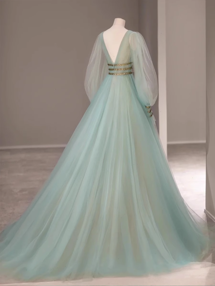 A line V Neckline Floor Length Tulle Mint Green Long Prom Dresses
