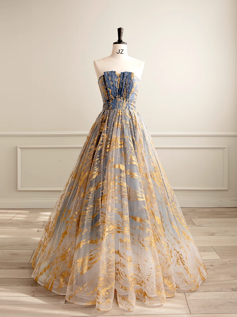 Ball Gown Strapless Floor Length Blue Long Prom Dresses Sweet 16 Dress