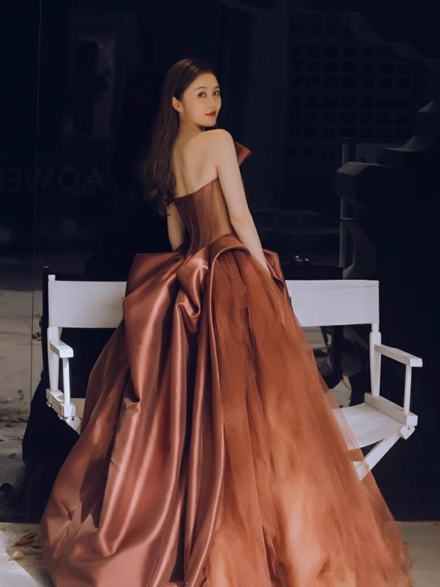 Ball Gown Strapless Floor Length Brown Long Prom Dresses