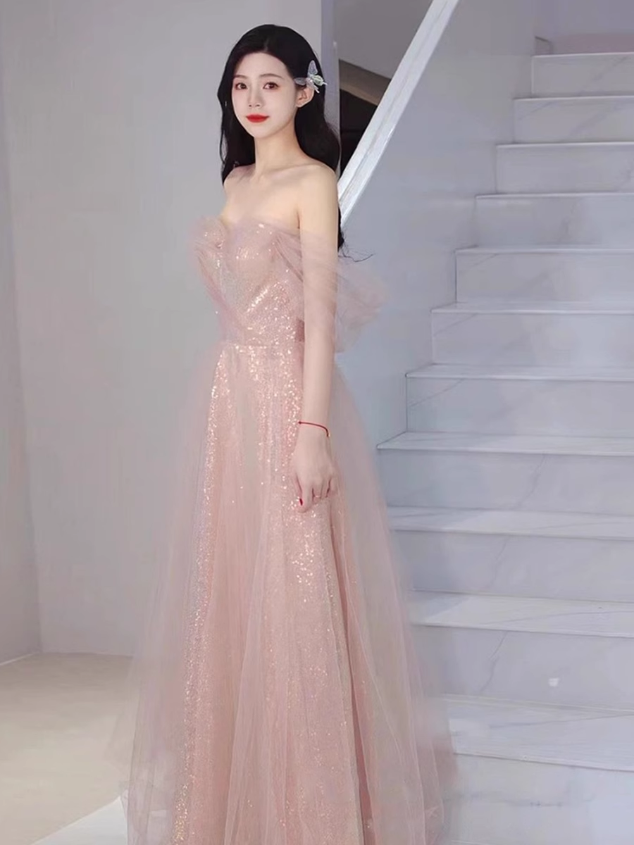 A line Spaghetti Straps Floor Length Pink Long Prom Dresses