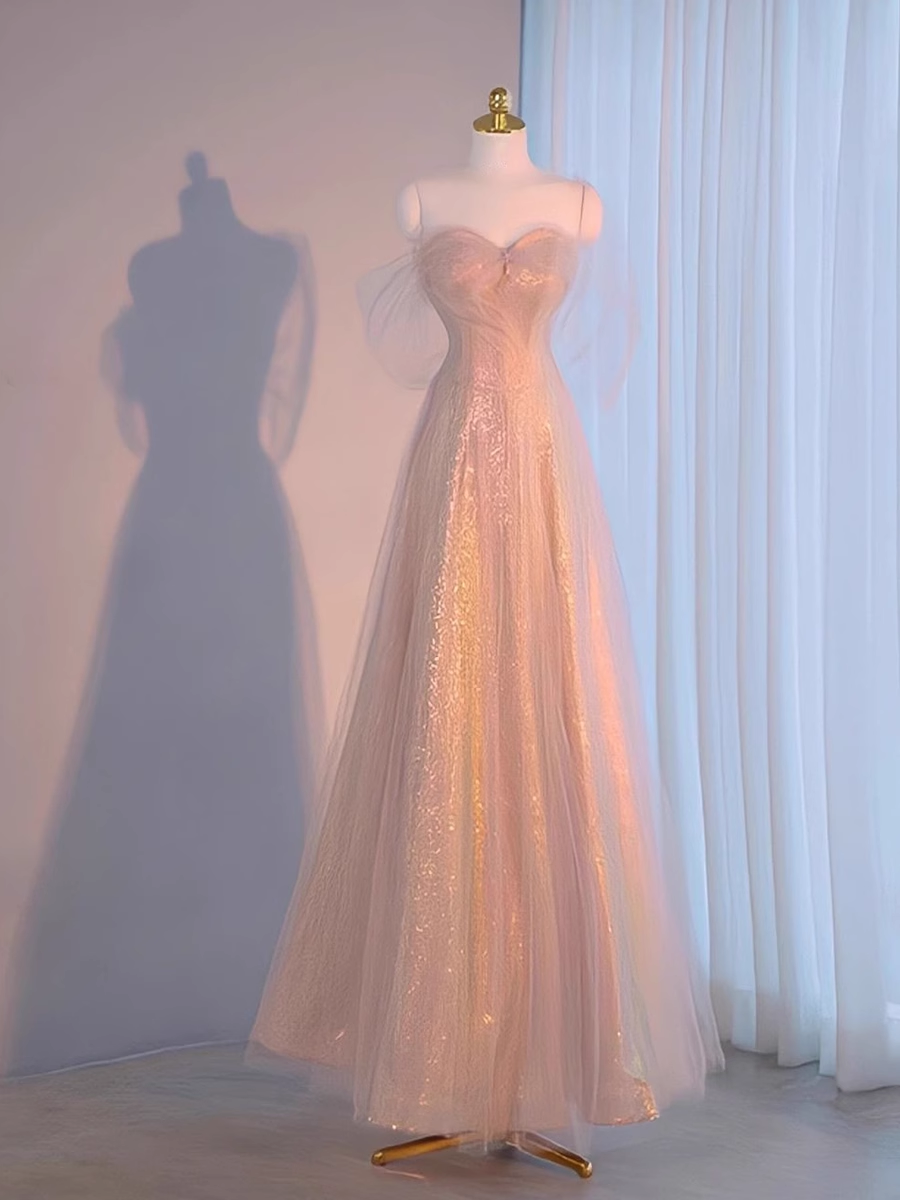 A line Spaghetti Straps Floor Length Pink Long Prom Dresses