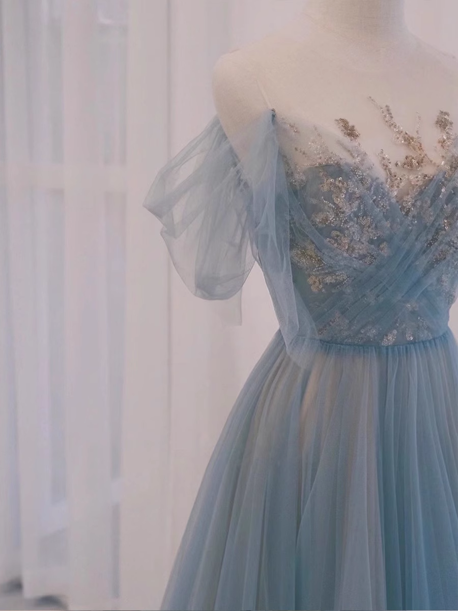 A line Straplesss Floor Length Tulle Blue Long Prom Dresses