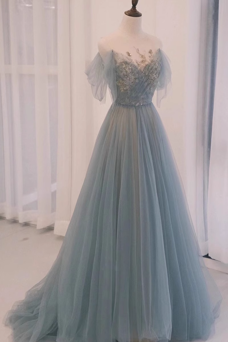 A line Straplesss Floor Length Tulle Blue Long Prom Dresses