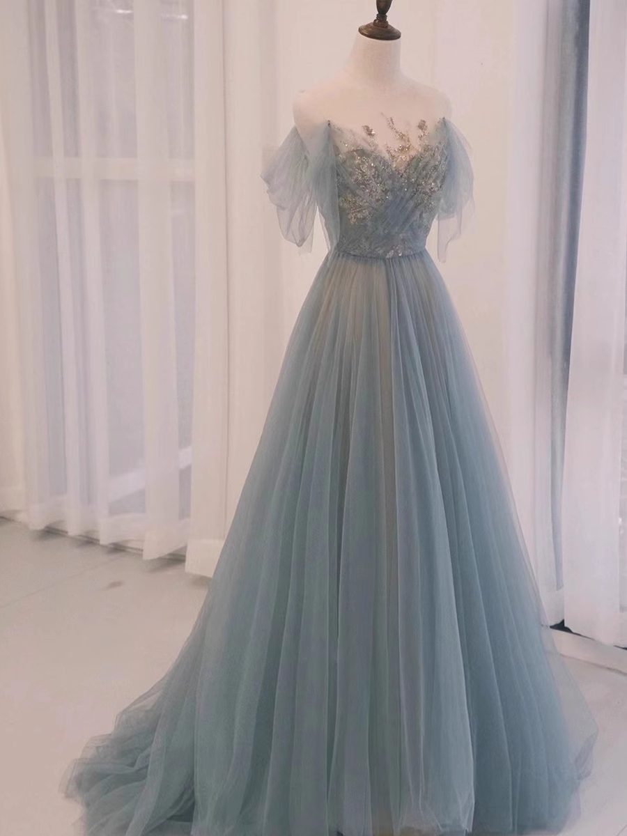 A line Straplesss Floor Length Tulle Blue Long Prom Dresses