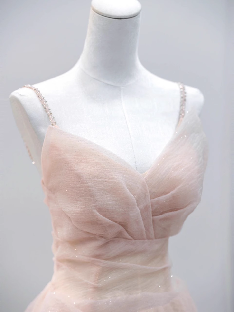 Simple A line Straps Floor Length Tulle Pink Long Prom Dresses
