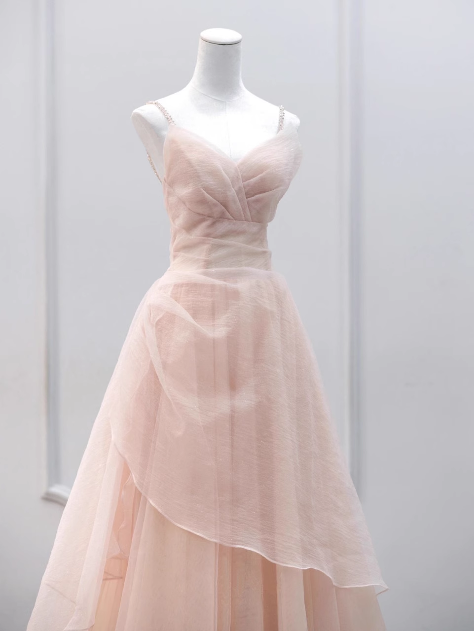 Simple A line Straps Floor Length Tulle Pink Long Prom Dresses