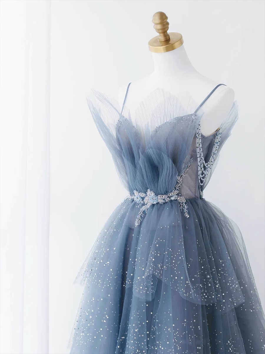 Luxury A line Spaghetti Straps Grey Blue Floor Length Prom Dresses