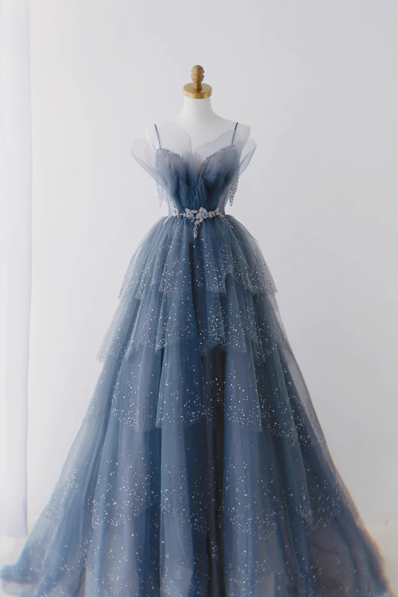 Luxury A line Spaghetti Straps Grey Blue Floor Length Prom Dresses