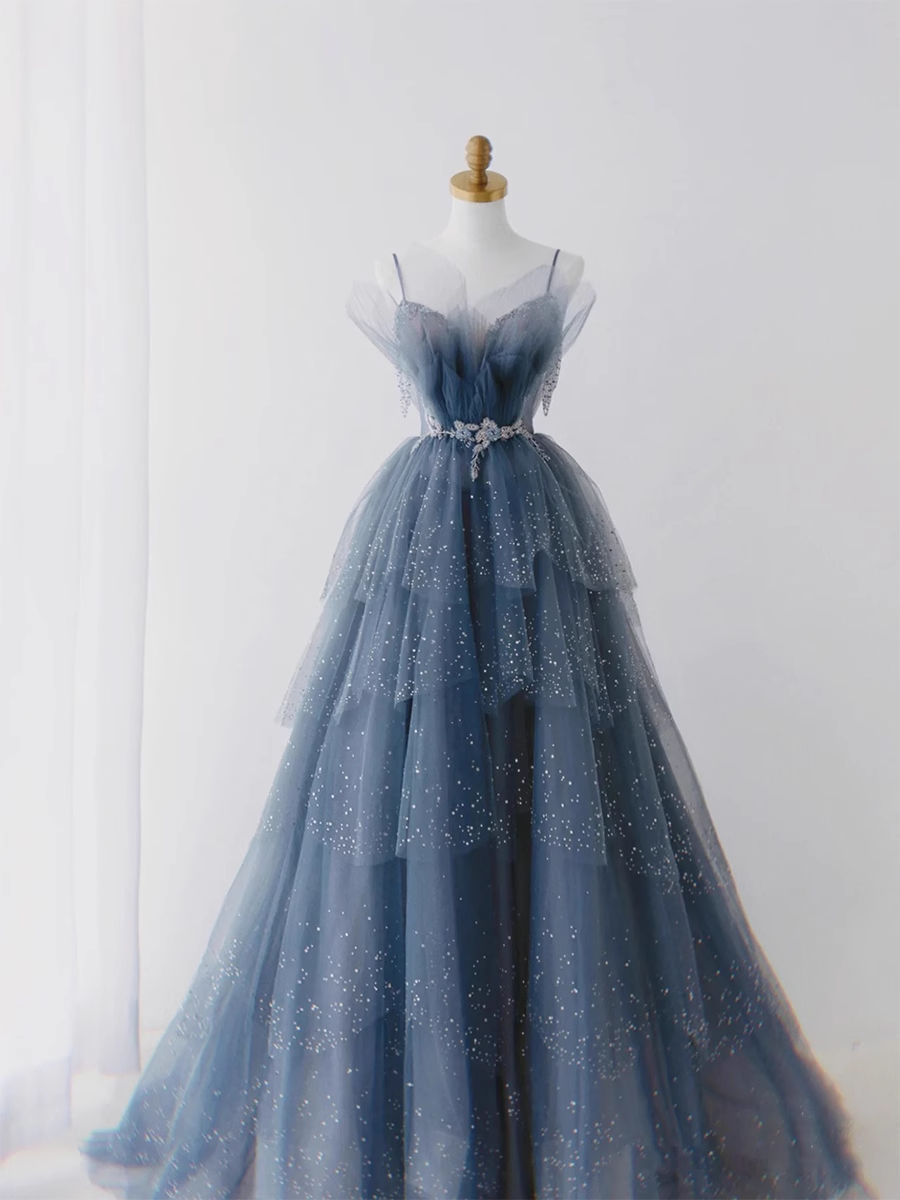 Luxury A line Spaghetti Straps Grey Blue Floor Length Prom Dresses