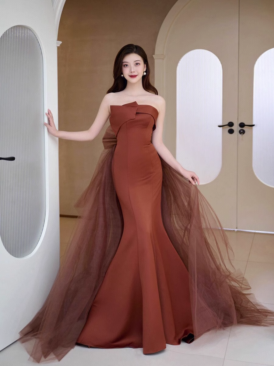 Simple Mermaid Strapless Brown Floor Length Tulle Prom Dress