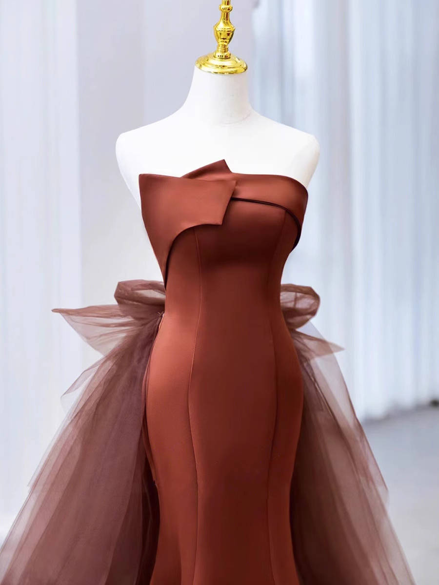 Simple Mermaid Strapless Brown Floor Length Tulle Prom Dress