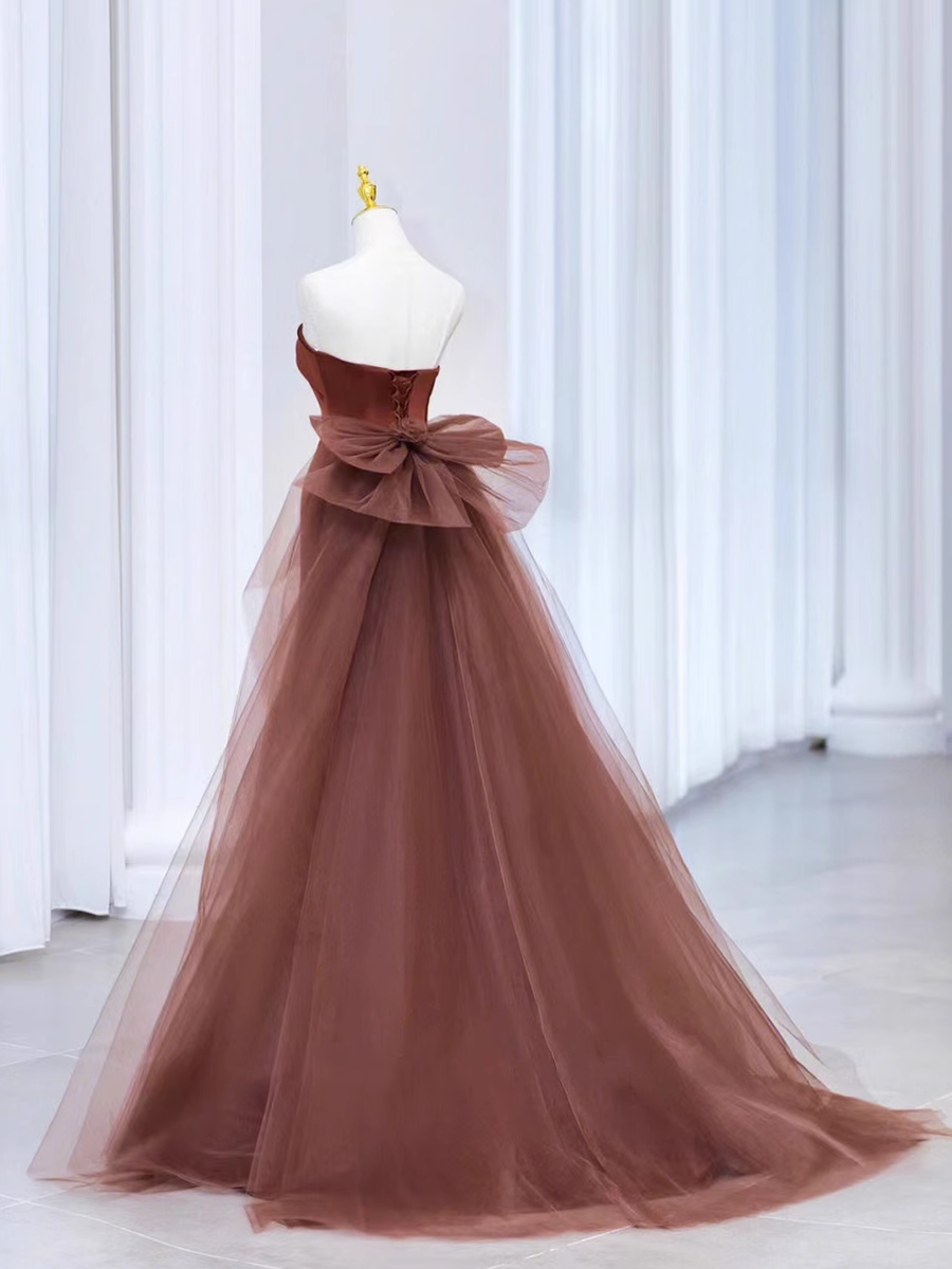 Simple Mermaid Strapless Brown Floor Length Tulle Prom Dress
