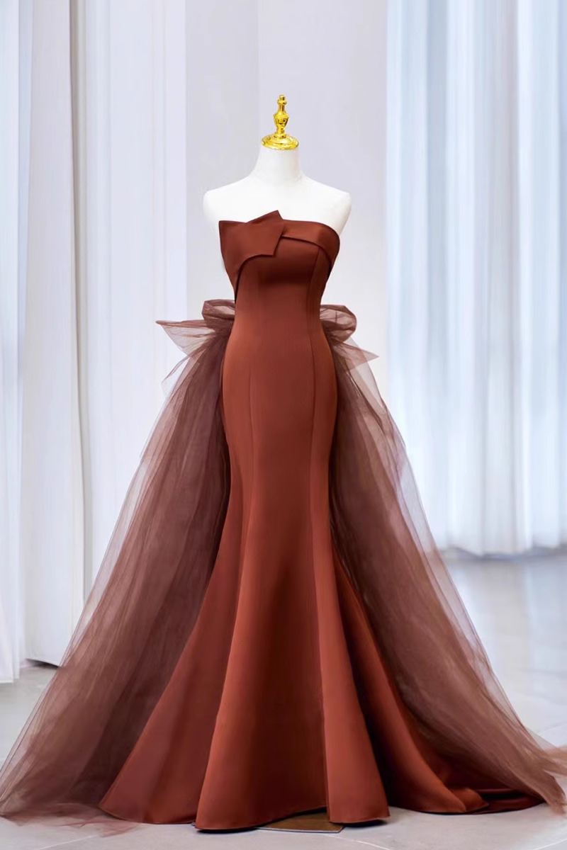 Simple Mermaid Strapless Brown Floor Length Tulle Prom Dress