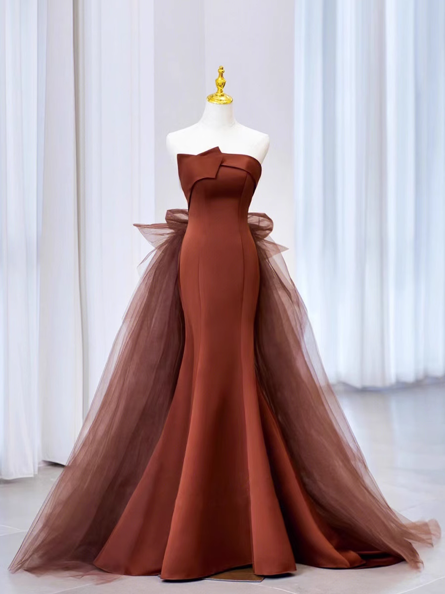 Simple Mermaid Strapless Brown Floor Length Tulle Prom Dress