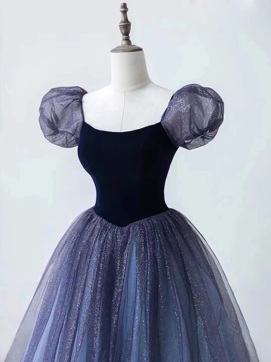 Princess Ball Gown Floor Length Short Sleeves Tulle Prom Dress