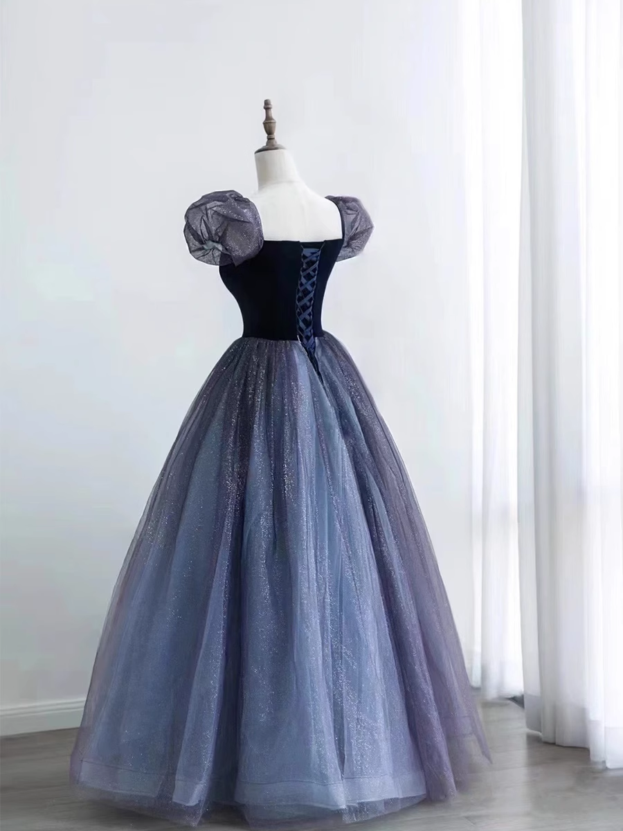 Princess Ball Gown Floor Length Short Sleeves Tulle Prom Dress