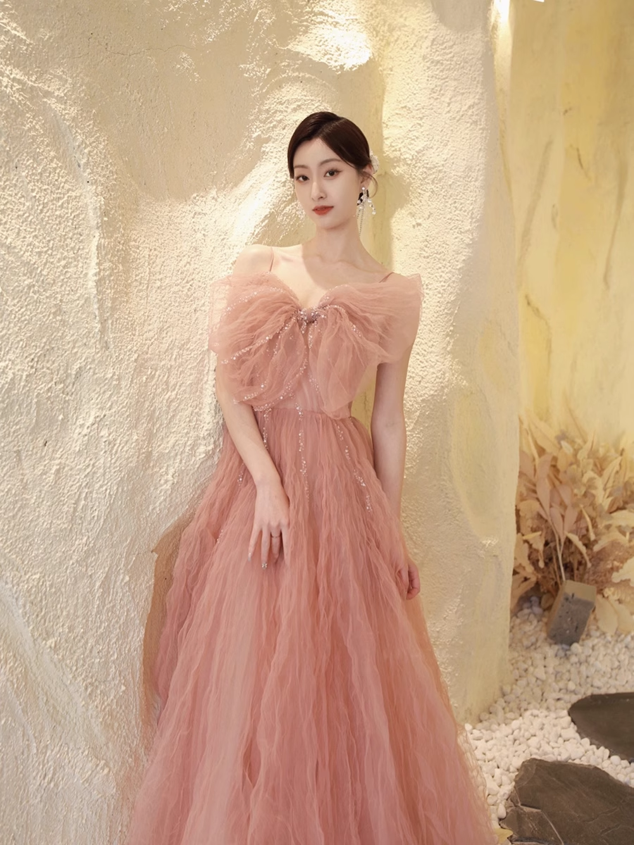 Ball Gown Sleeveless Pink Tulle Prom Dress