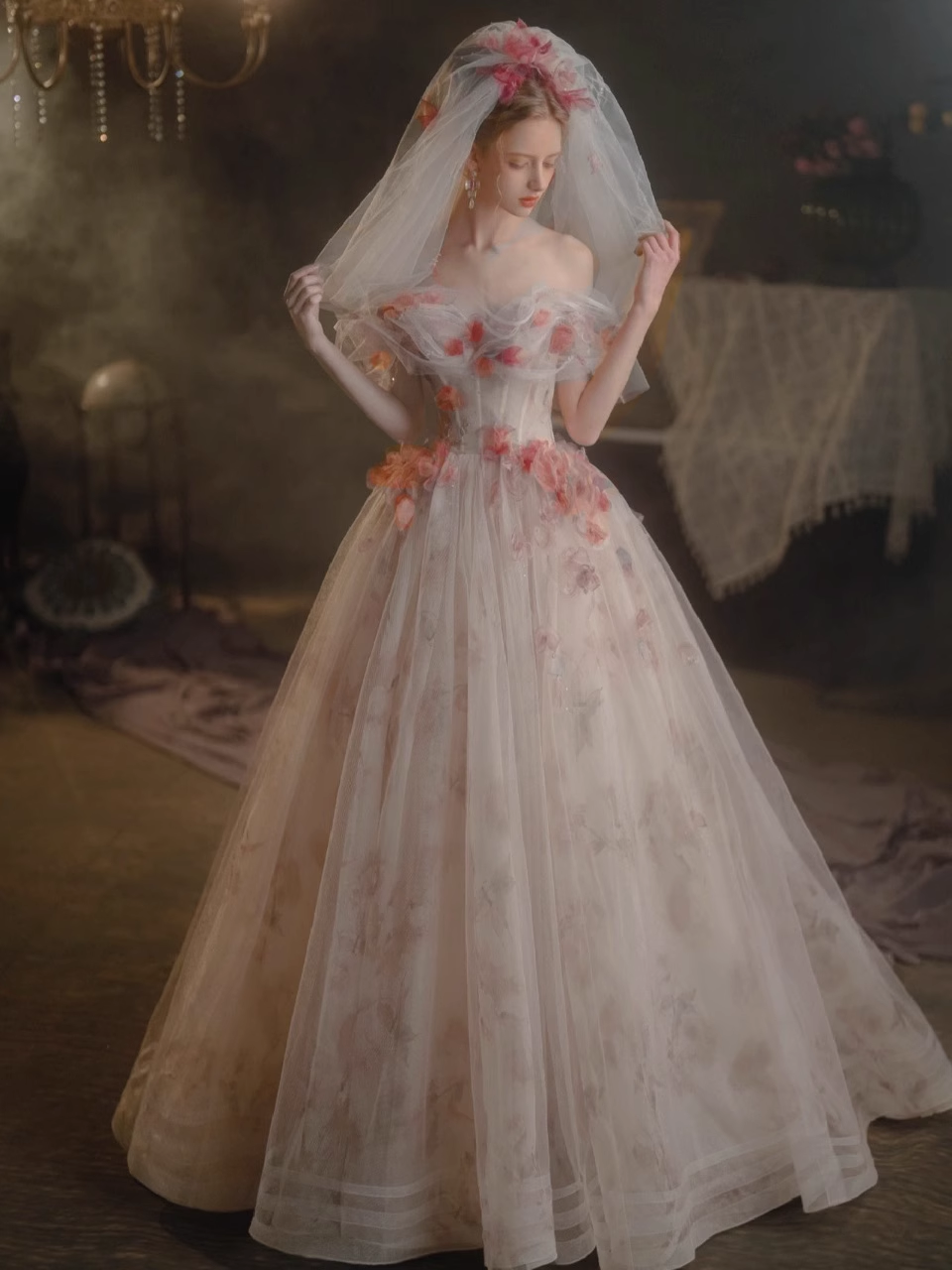 Beautiful A line Off The Shoulder Tulle Floral Wedding Dresses