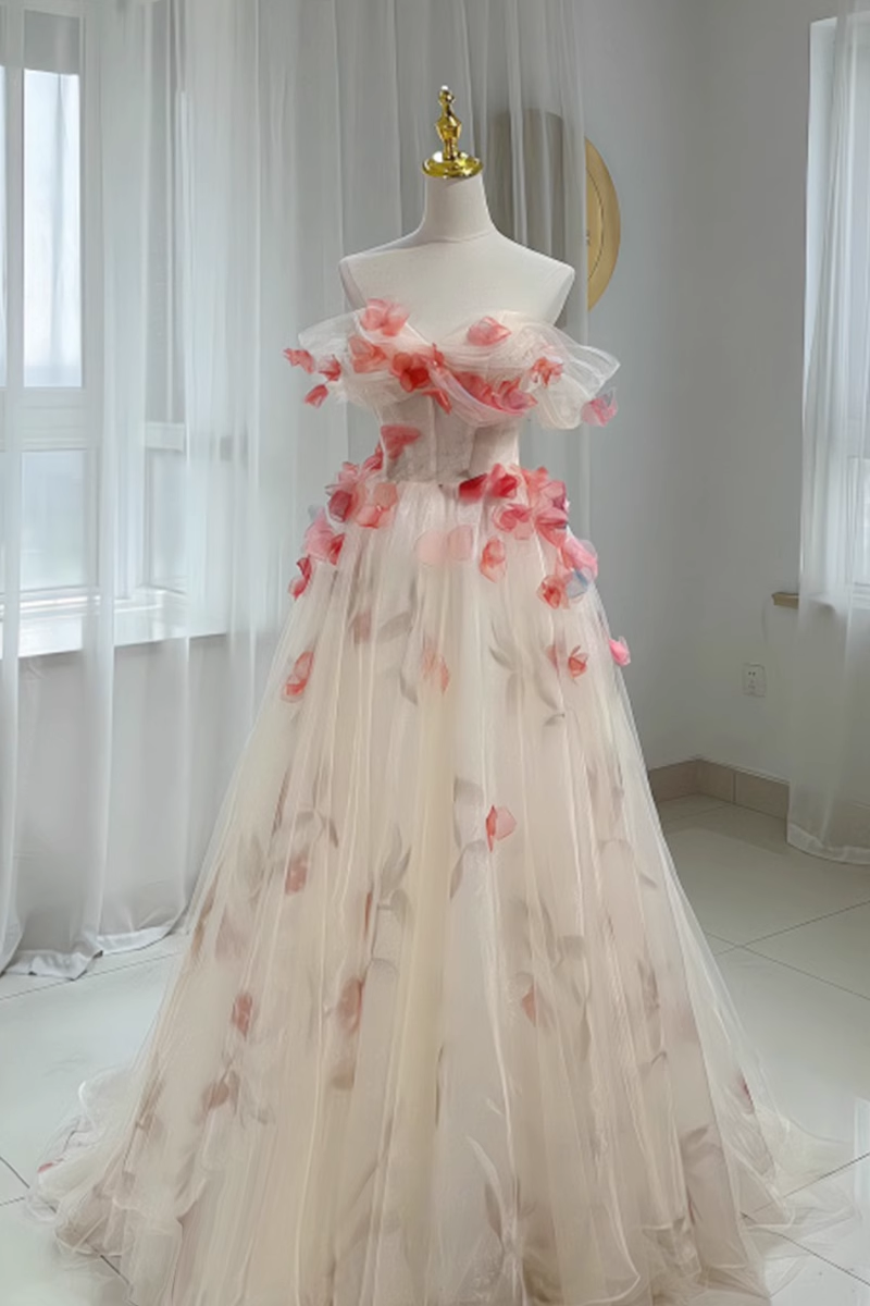 Beautiful A line Off The Shoulder Tulle Floral Wedding Dresses