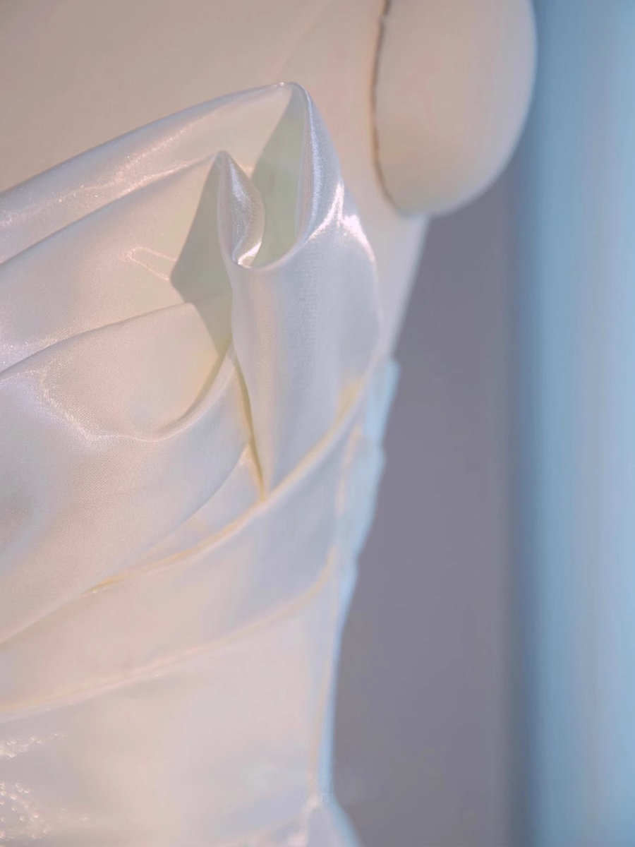 Beautiful High Low Spaghetti Straps Satin White Wedding Dresses