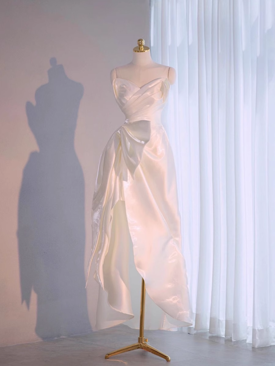 Beautiful High Low Spaghetti Straps Satin White Wedding Dresses
