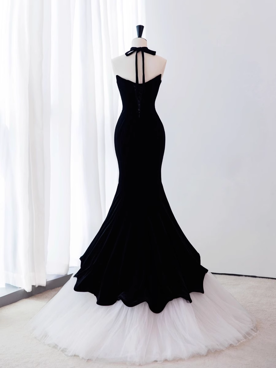 Mermaid Sleeveless Black Tulle Velvet Prom Dress