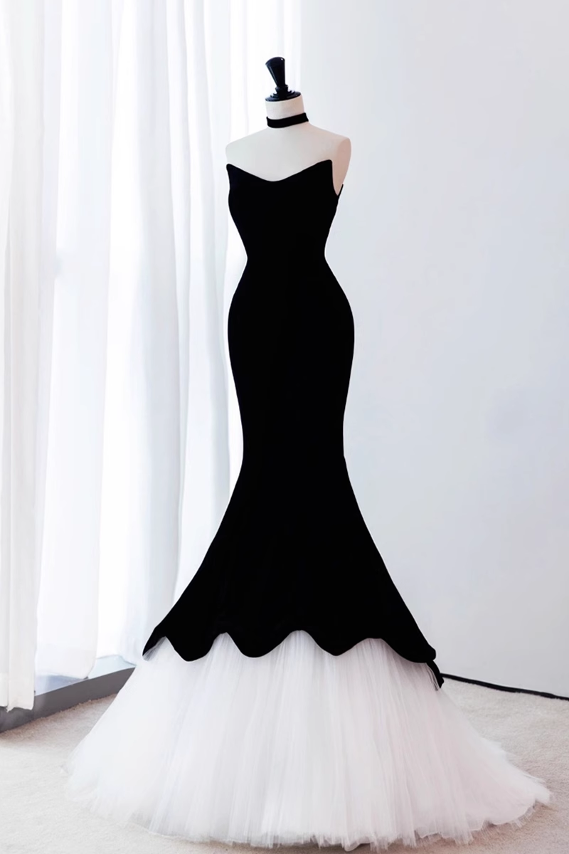 Mermaid Sleeveless Black Tulle Velvet Prom Dress