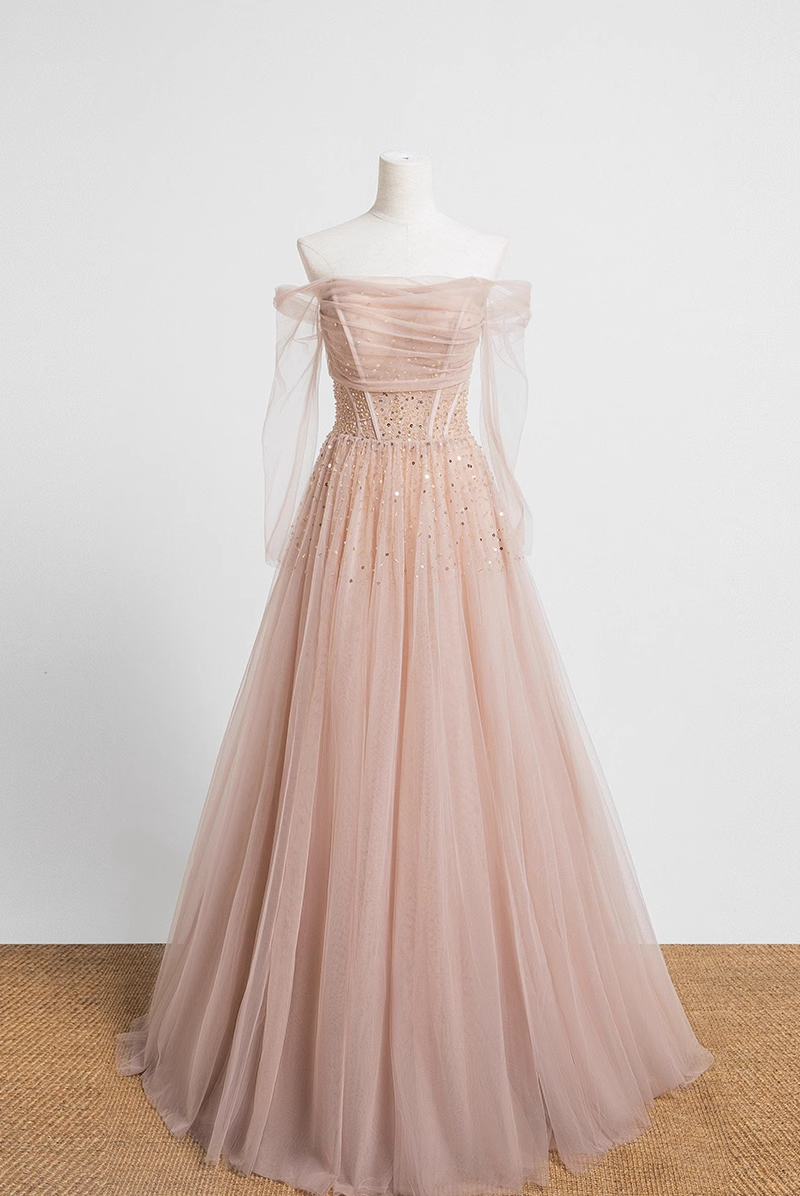 Princess A line Off The Shoulder Pink Tulle Prom Dress