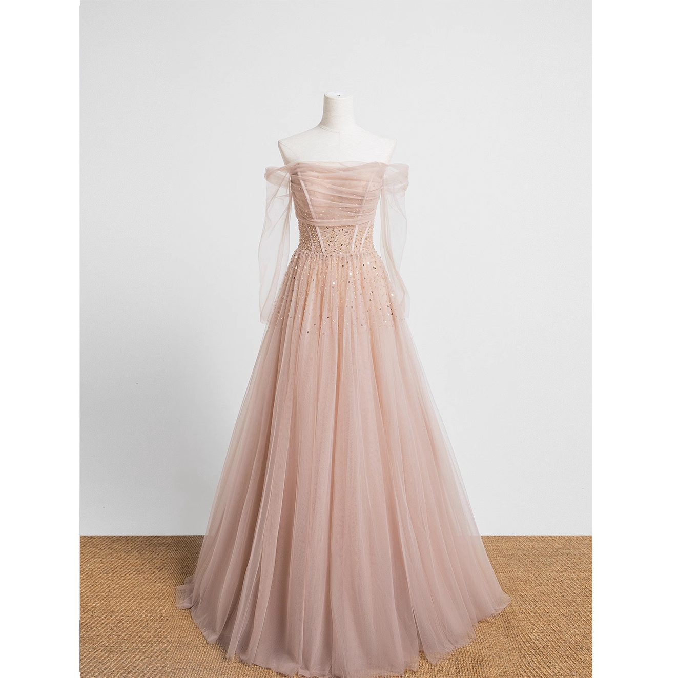 Princess A line Off The Shoulder Pink Tulle Prom Dress
