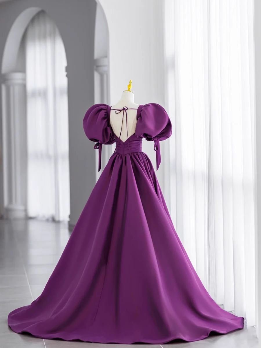 Ball Gown Short Sleeves Grape Satin Long Prom Dresses