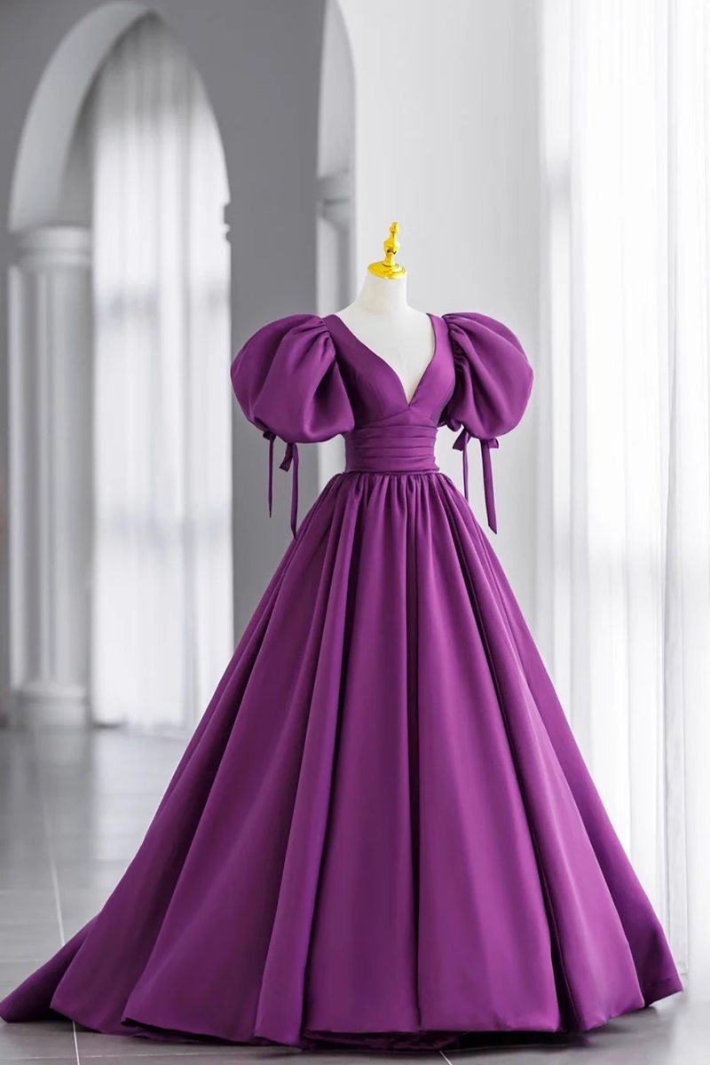 Ball Gown Short Sleeves Grape Satin Long Prom Dresses