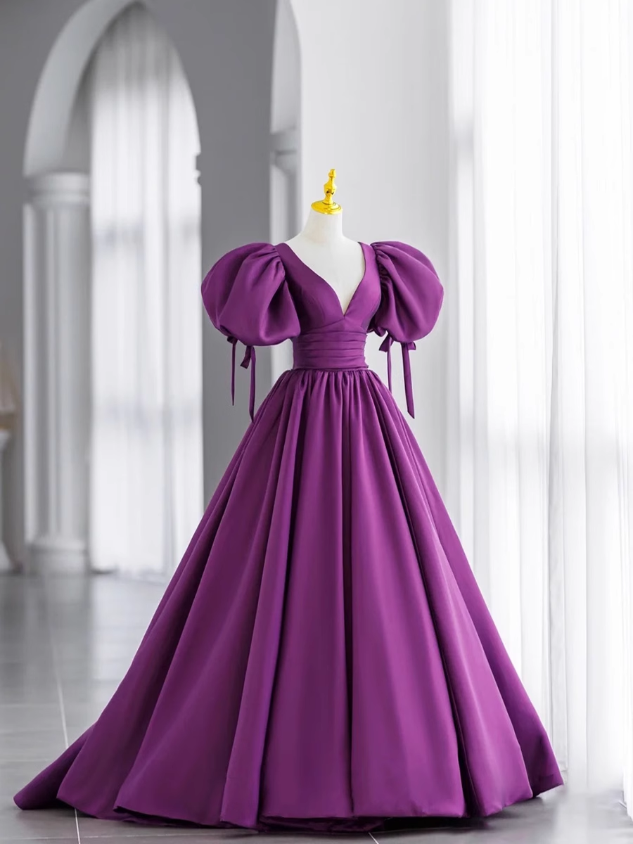 Ball Gown Short Sleeves Grape Satin Long Prom Dresses
