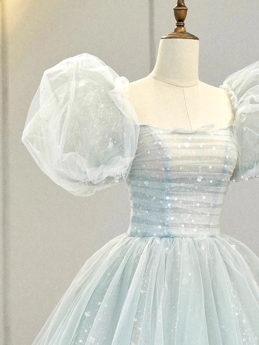 Ball Gown Short Sleeves Tulle Light Sky Blue Long Prom Dresses