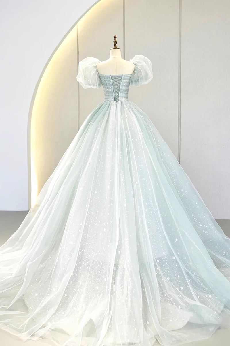 Ball Gown Short Sleeves Tulle Light Sky Blue Long Prom Dresses
