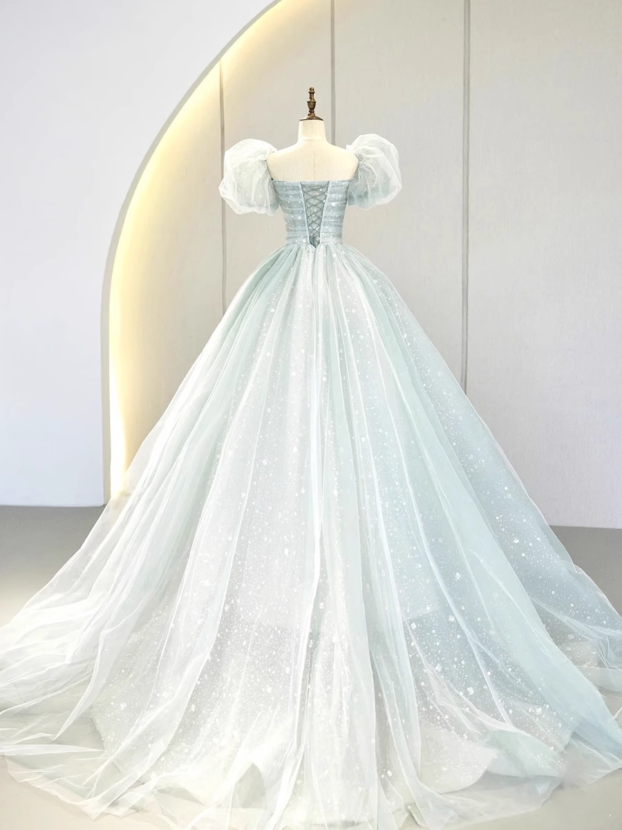 Ball Gown Short Sleeves Tulle Light Sky Blue Long Prom Dresses