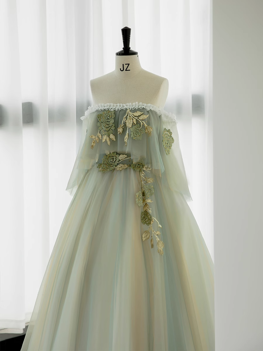 Ball Gown Short Sleeves Tulle Green Long Prom Dresses