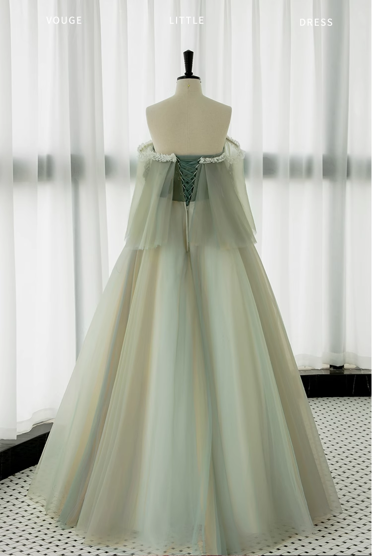 Ball Gown Short Sleeves Tulle Green Long Prom Dresses