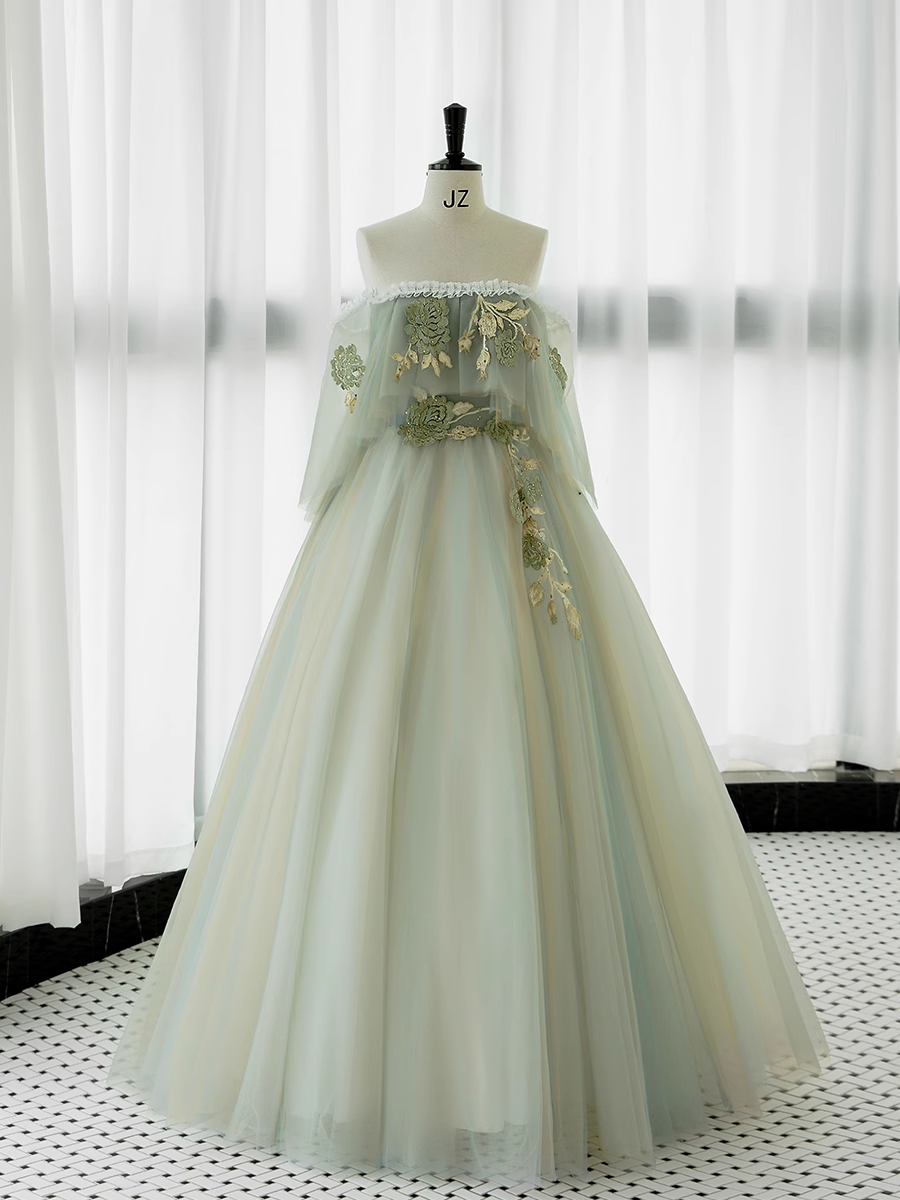 Ball Gown Short Sleeves Tulle Green Long Prom Dresses