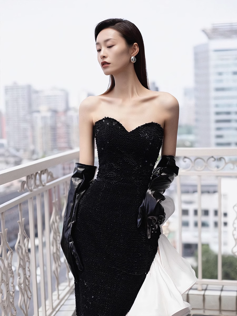 Simple Mermaid Strapless Sequin Long Prom Dresses