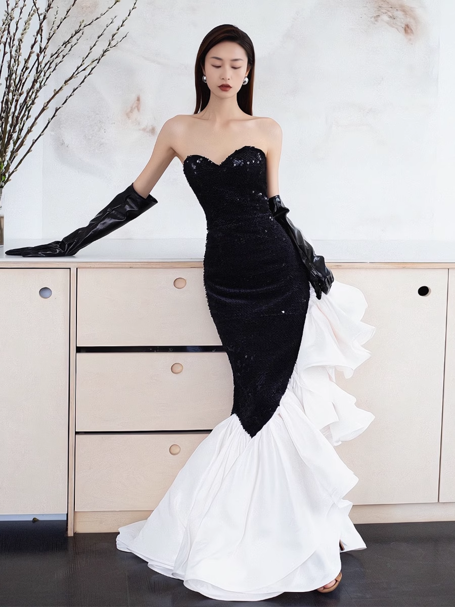 Simple Mermaid Strapless Sequin Long Prom Dresses