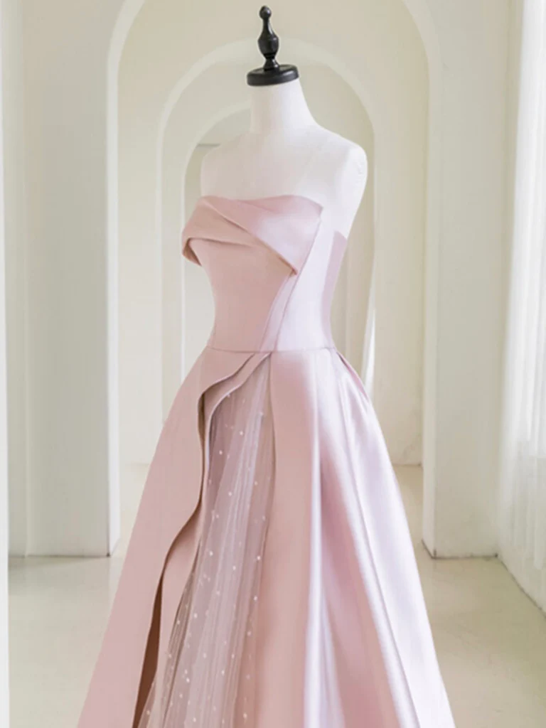 A-Line Satin Tulle Pink Long Prom Dress With Pearls