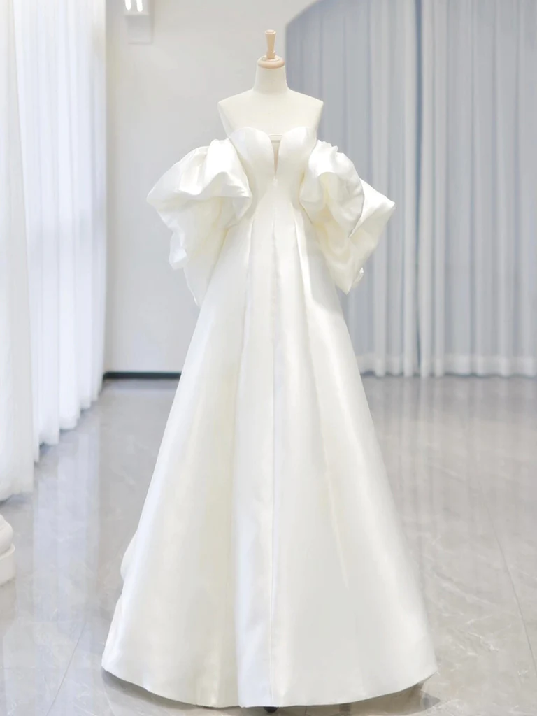 A-Line Sweetheart Neck Satin White Long Wedding Dresses