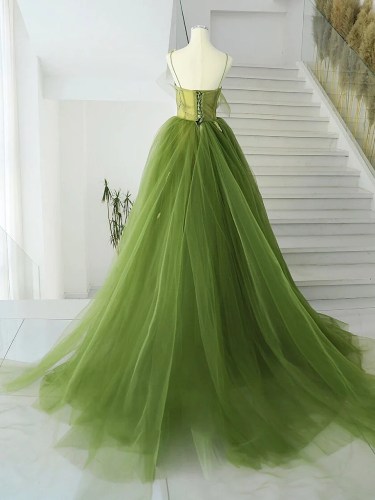 A-Line Green Tulle Long Prom Gown