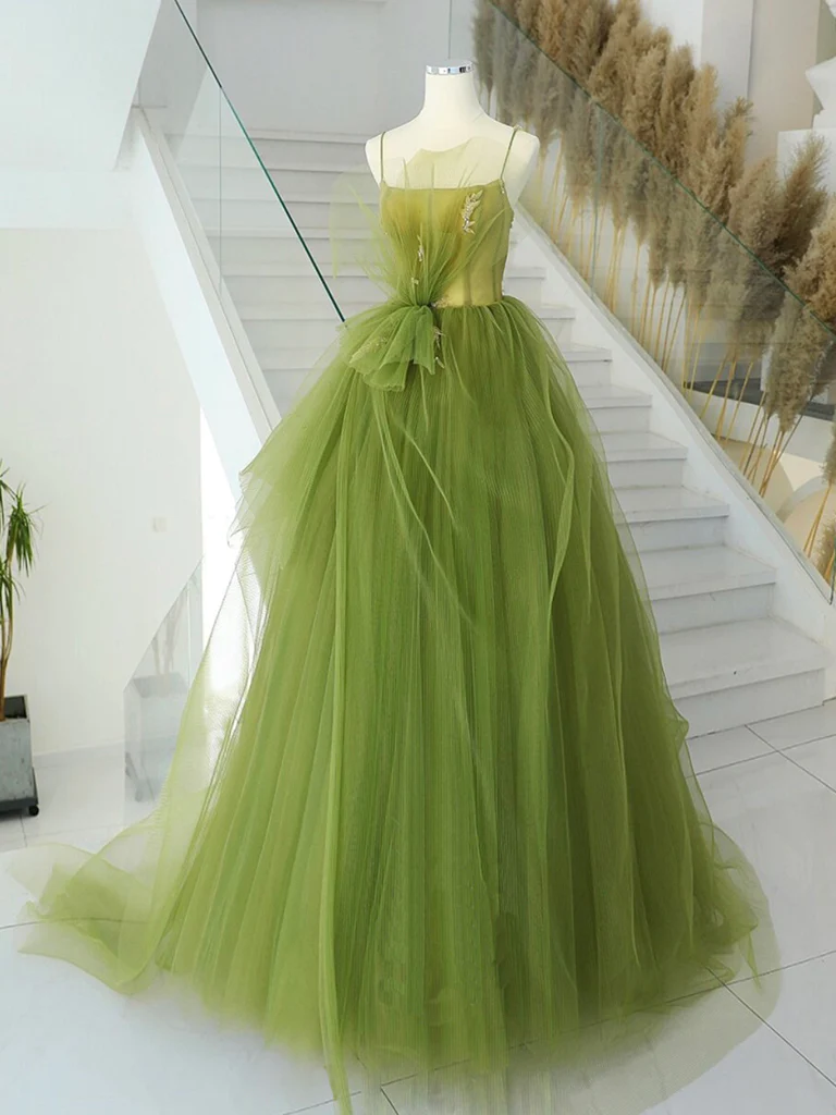 A-Line Green Tulle Long Prom Gown