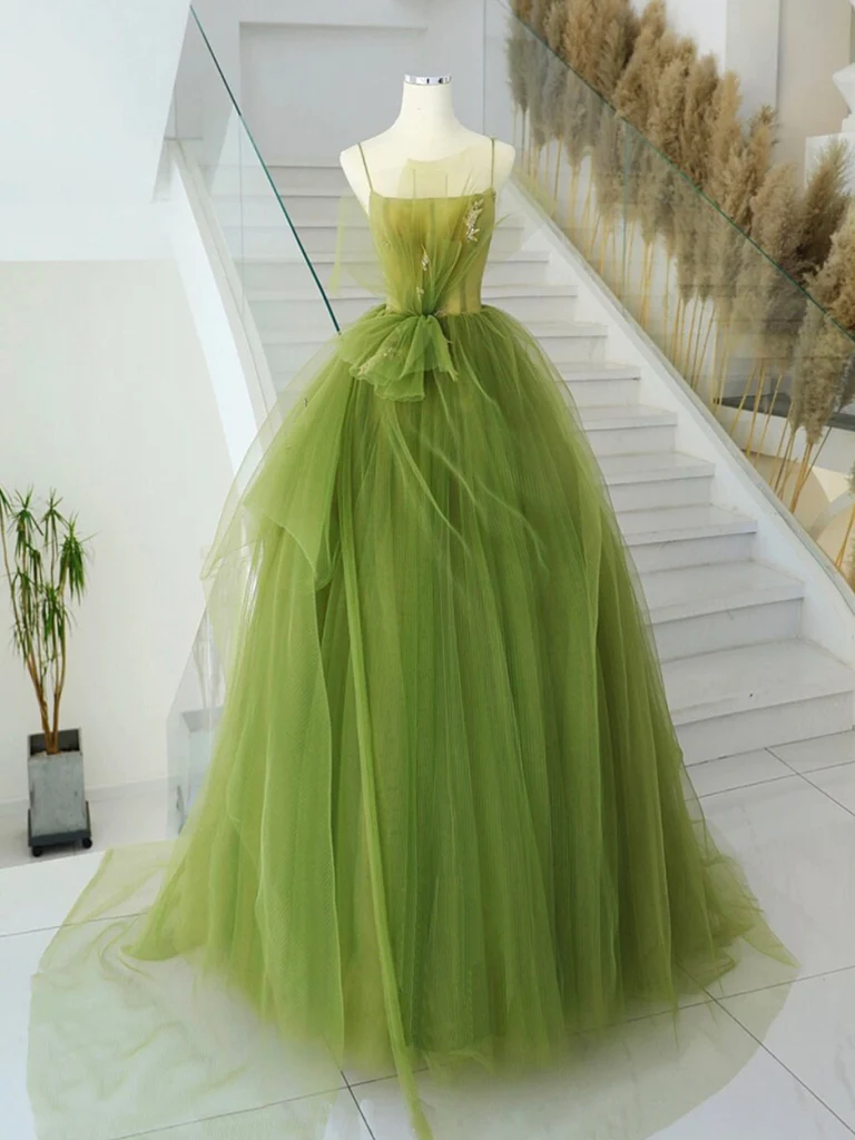 A-Line Green Tulle Long Prom Gown